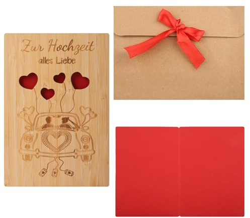 Nhgkju Hochzeitskarte aus Bambusholz mit Umschlag – Personalisierte Glückwunschkarte zur Hochzeit, 15x11 cm – Romantische Auto & Herz Gravur, Moderne Hochzeitsbillet mit roter Schleife