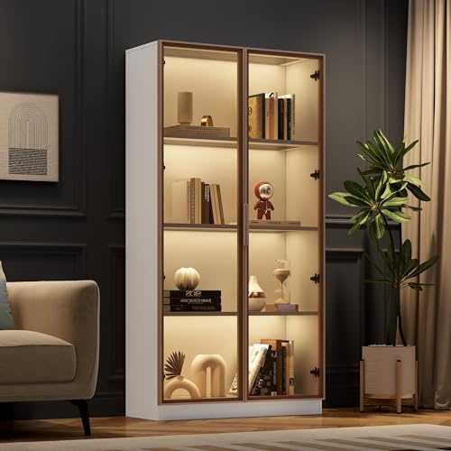 Lumivortex Vitrine Weiß, Vitrinenschrank Wohnzimmermit Beweglichen Einlegeböden, Glasvitrine Mit LED Beleuchtung, Wohnzimmerschrank, Bücherschrank Mit Glastüren, Glas Vitrine, 80X40X160cm (Stil A)
