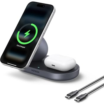 UGREEN Zapix 2-in-1 Magnetisches Kabelloses Ladegerät 15W, Qi2 zertifizierte iPhone Ladestation kompatibel mit MagSafe für iPhone 17/16/15/14/13/12 Serie & AirPods, mit 1M Kabel - Schwarz