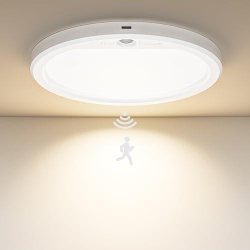 Birnetek® Rechargeable Motion Sensor Ceiling Light, 350LM LED Ceiling Lights with Remote, 5000mAh Battery, 3 Colour & Dimmable 10%-100%, Wireless Mount Sensor Lights for Hallway, Garage, Stairs