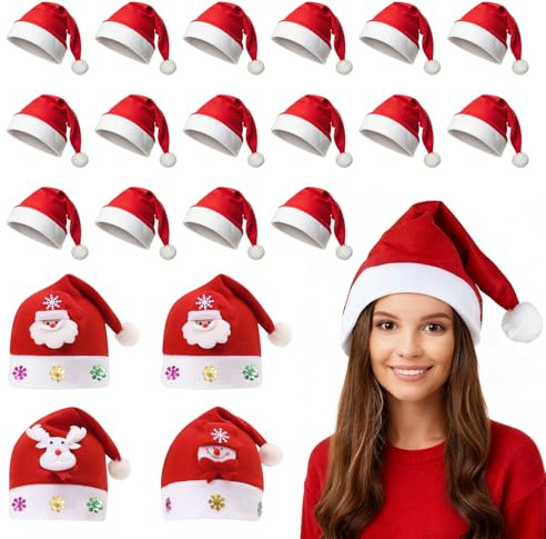 KVAYINE 20 Stück Weihnachtsmützen Set, Nikolausmütze für Erwachsene, Kinder und Baby, Weihnachtsmann Mütze als Weihnachtsdeko für Damen/Herren