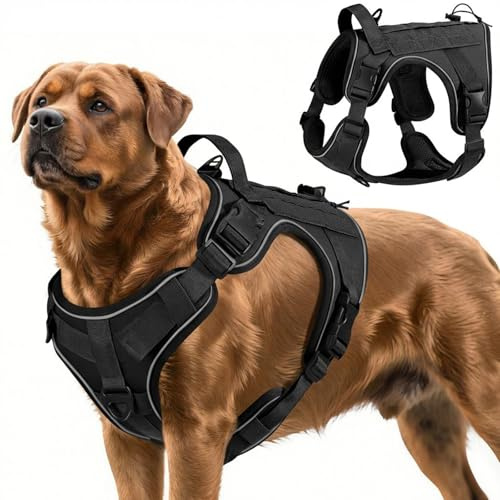 VavoPaw Arnés Táctico Perro, Fácil Control & Sin Tirar Arnés para Perros con Panel Molle y Tira Reflectante, Chaleco Táctico Perro Servicio de Adiestramiento, Paseos, Caza, Outdoor, Negro, XL