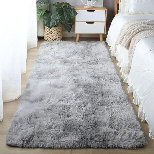 ANJIAJIE Flauschiger Hochflor Teppich 80 x 200 cm Hochflor Langflor Weich Modern Unifarben Flauschig Teppich Wohnzimmer für Wohnzimmer Schlafzimmer Flur, Hellgrau