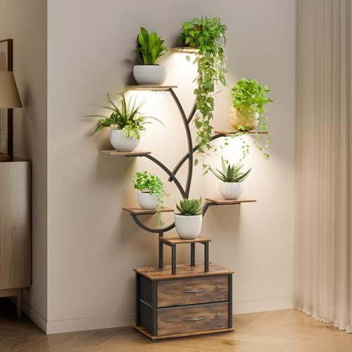 Mondeer Plant Stand Indoor with Grow Lights, 9-Tier 160cm Tall Corner Plant Shelf with 2 Storage Drawers, Modern Flower Stand Holder for Living Room, Home Patio, Balcony, Rustic Brown and Black