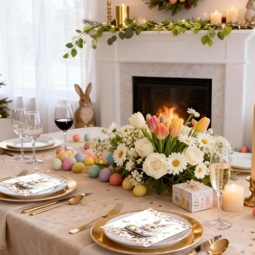 RAOPNHS 40 Stück Servietten Ostern Hase 33x33cm, Osterservietten Papier Bunt, Oster Deko Tischdeko Frühling, Vintage Blumen Motiv, Servietten Für Party Frühstück Und Basteln - Einwegservietten Bunt