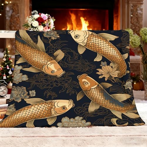 Generico Coperta Termica XL 130x150cm Dipinto Cinese Di Carpa Koi Dorata Pile di Flanella Coperta Plaid in Pile Super Morbida e Morbida Nero per DivanoTV e Letto Decorazioni Casa