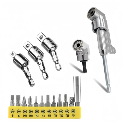 4-Piece 105 Degree Right Angle Drill Bit Holder, Right Angle Drill Adapter with Flexible Shaft, Perfect for Tight Spaces Toolkit with 12 Pieces of Batch Head for Screwdriver (Long+Short)