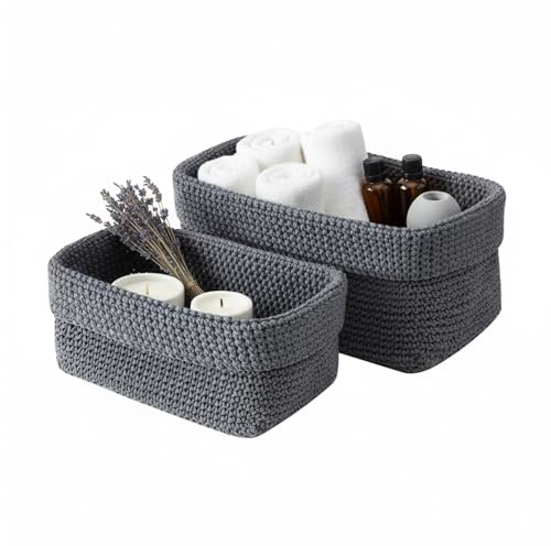 2Pcs Häkelkorb Baumwollseil Aufbewahrungskorb, Korb für Aufbewahrung Gästehandtücher, Regalkörbe für Badezimmer Schlafzimmer Küche Heimdekor, 21cm+29cm (Grau)