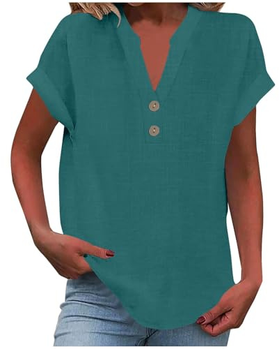 Chic Et Élégant Chemises en Coton Et Lin Col V pour Femme Chemisiers Et Blouses Femme Manches Roulées Chemisier Lin Ample Tunique Boutons Couleur Uni Top Basique Polyvalente Tee Shirt Été