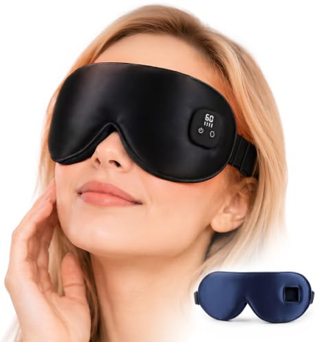 Cordless Silk Heated Eye Mask, Electric Warm Eye Compress with 4 Heat Levels 4 Time Settings, 1000mAh Rechargeable Heated Eye Pad with 2 Detachable & Washable Covers (Black, Navy Blue)