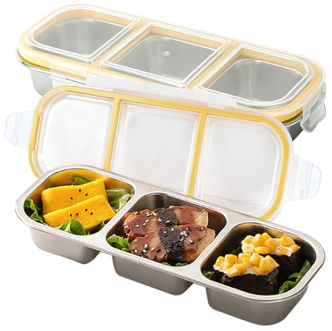2PCS Fiambrera de acero inoxidable con 3 compartimentos,Contenedores para Bocadillos,Cajas de Almuerzo de Acero Inoxidable recipientes reutilizables fiambrera a prueba para la Escuela(Amarillo)