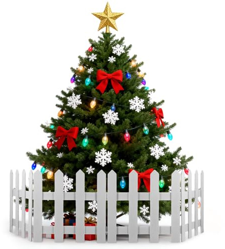 Hoement 1set Staccionata in Legno Bianca per Albero di Natale e Decorazioni Natalizie Recinto Resistente e Compatibile per Giardino Cortile e Feste da Altezza