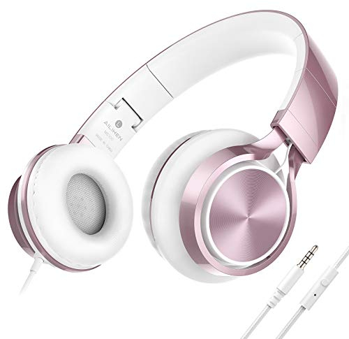 Ailihen MS300 Wired Headphones with Microphone for Chromebook Laptop Computer Smartphone, 3.5mm Jack Foldable Lightweight Headset for School Girls Boys Teenager Online Classroom (Rose Gold)