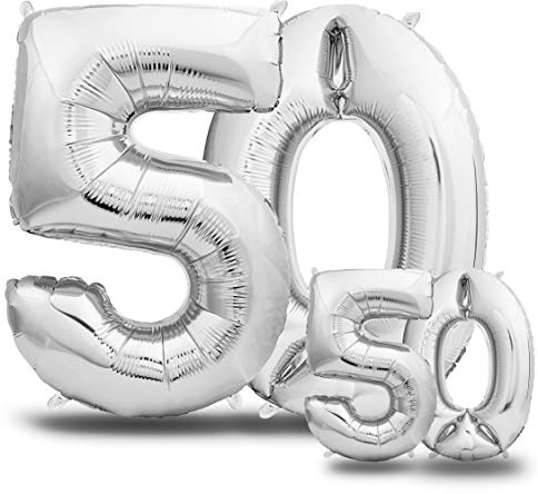 envami® Luftballons 50. Geburtstag XXL Silber - Riesen Folienballon in 2 Größen 40 & 16 - 101cm + 40cm Geburtstagsdeko Set - Vier Zahlen - Ideal als Deko - fliegt mit Helium