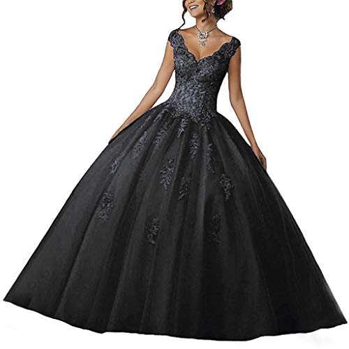 Vantexi Damen V-Ausschnitt Quinceanera Kleider Mit Spitze Abendkleider Lang Hochzeitskleider Elegant Ballkleid Schwarz Größe 36