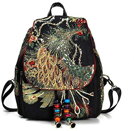 Uhat Women's Backpack Ethnic Style Sequins Peacock Embroidery Shoulder Bags Travel Canvas Daypack