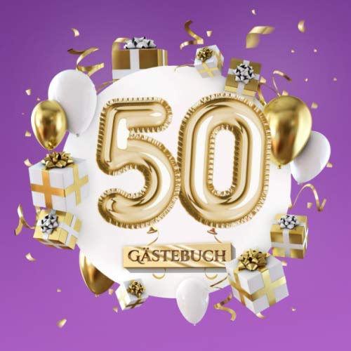50 - Gästebuch: Lila Deko zum 50.Geburtstag für Mann oder Frau - 50 Jahre Geschenk - Party Gold Violett - Buch für Glückwünsche und Fotos der Gäste
