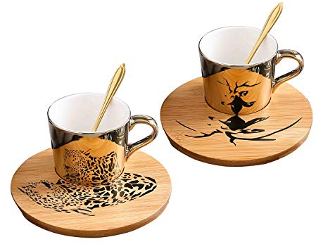 Set di 2 tazzine da caffè e tazzine da caffè in ceramica con piattini da 226,8 g, con cucchiaio e vassoio in legno/piattino, dorate (oro - ghepardo di alce)