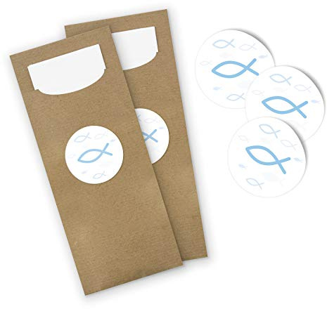 itenga 25x Bestecktaschen Pochetten aus Papier inkl. Serviette I Sticker Fisch Hellblau I 8,2 cm x 20,0 cm I geeignet für Taufe, Kommunion & Konfirmation