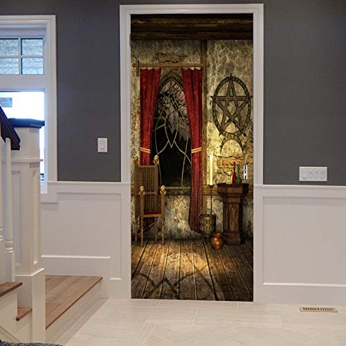 A.Monamour Türtapete Selbstklebend Türfolie Türposter 3D Vintage Altes Gotisches Mittelalterliches Haus Schlafzimmer Pentagramm Vinyl Folie Türdeko Tapete Wandbild Türaufkleber Türtattoo 90 x 200 cm
