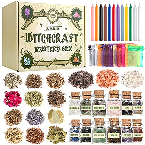 Tassika Witchcraft Starter Kit, Witchcraft Supplies for Wiccan Altar- 63 Pack of Crystals Dried Herbs, Colored Magic Candles, Charm Bags and Ritual Witches Salt for Spells, Baby Witches…
