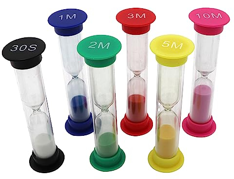 TeacherFav Sand Timer for Kids Set of 6 Small Colorful Hourglass Acrylic Covered Clock 30Sec 1Min 2Min 3Min 5Min 10Min for Classroom, Home & Kids Room