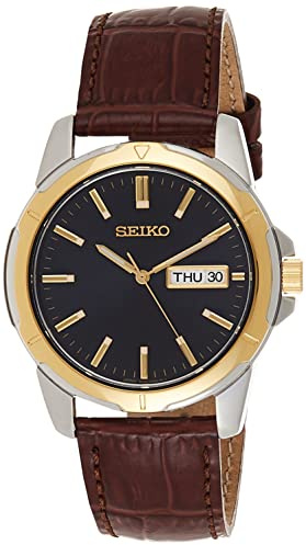 SEIKO SUR360 Automatic Watch for Men - Essentials - Charcoal Dial - Stainless Steel Gold-Finish Case, Leather Band, 50M Water Resistant