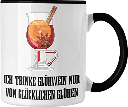 Trendation - Glühwein Tasse Lustig Spruch Glühweinbecher mit Henkel Doppelwandig Glühweintassen Gläser Weihnachtsmarkt Becher Tassen Geschenk - Von Glücklichen Glühen (Schwarz)