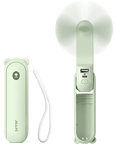 JISULIFE Mini Handventilator, 3-in-1 Handventilator, wiederaufladbarer USB [12–19 Betriebsstunden] mit Powerbank, Taschenlampe, tragbarer Ventilator für Reisen/Sommer, Geschenke für Frauen-Hellgrün