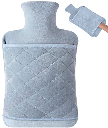 Vicloon Hot Water Bottle, Ribbed Surface Both Sides, 2L Hot Water Bottle for Hot and Cold Compress, Hand & Feet Warmer, Muscle Pain Relief, Hot Water Bag for Great Gift, Safe and Durable (Grey-Blue)