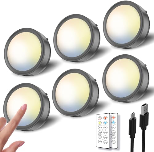 Dimmbar LED Spot mit Akku und Fernbedienung, 2400mAh USB Aufladbar Vitrinenbeleuchtung Kabellos Magnet Unterbauleuchte Küche LED Rund Klebeleuchte Touch Lampe Batterie Schrankbeleuchtung zum Kleben