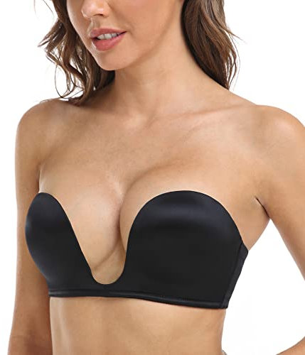 DotVol Push Up Convertible Strapless Bra for Women Underwire Deep U Plunge Padded Multiway Bra(Black,32C)