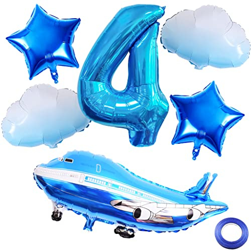 Weenkeey 4th Airplane Birthday Balloons - Aircraft Balloon, Giant Aluminum Foil Number 4 Mylar for Flying Party Boys Decor - Blue