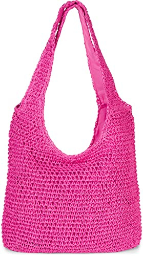 styleBREAKER Damen Papierstroh Beuteltasche mit langen Henkeln | sommerliche Flechttasche mit Reißverschluss | Strandtasche Schultertasche, Farbe:Pink