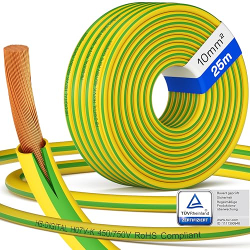 hb-digital 25m Erdungskabel 10mm² H07V-K – flexible Kupfer Litze Einzelader PV Erdungsleitung für Solar Photovoltaik Energie Elektro feindrahtige Aderleitung 1x10mm² PVC - Grün-Gelbe