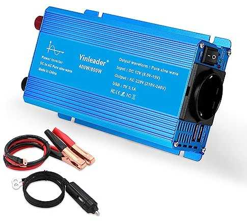 Yinleader 400W/800W Reiner Sinus Wechselrichter 12V DC auf 230V AC mit 1 EU Steckdose und 2 USB