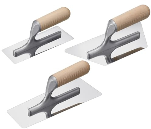 Lasnten 3 Pcs Venetian Plaster Trowel Set Polished Stainless Steel Art Paint Plastering Finishing Hand Tools Concrete Drywall Trapezoid Finishing Trowel Plaster Tools with Wooden Handle, 3 Sizes