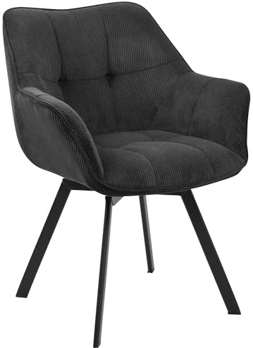 CLP Esszimmerstuhl ergonomisch Jordi Cord, drehbar mit Armlehnen, Polstersessel, 4-Fuß-Metallgestell, bis 150 kg, mit Bodenschonern | Farbe schwarz