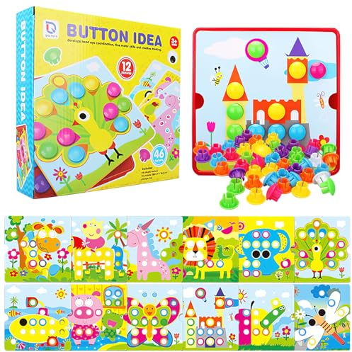 VOSSOT Mosaik Steckspiel für Kinder, Early Pädagogische Farbe Pegboard Gabelungen, 4-6 Jahre Alt, Mit 46 Großen Perlen und 12 Bunten Karten (Peacock)