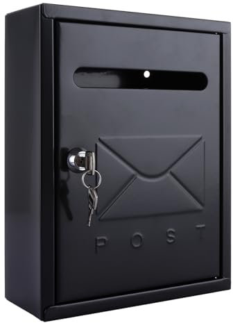 JMIATRY Wall Mounted Post Box, Weatherproof Letter Box Outside, Black Galvanised Steel Durable Mailbox with Key for Home and Company, 26x20x7.5cm