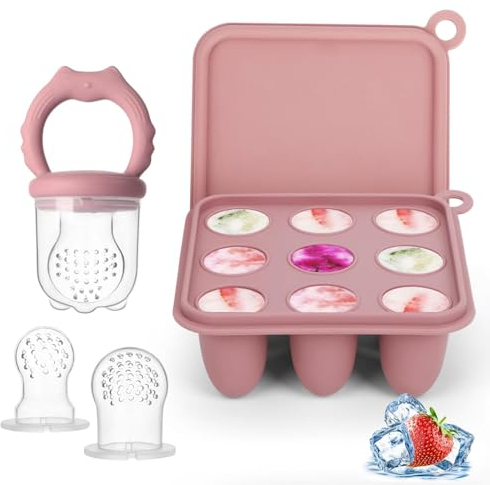 Alimentador de frutas para bebés y moldes para paletas de leche materna, bandeja de silicona para congelar alimentos para enfriar la dentición, alimentador de alimentos para bebés para una (Pink)