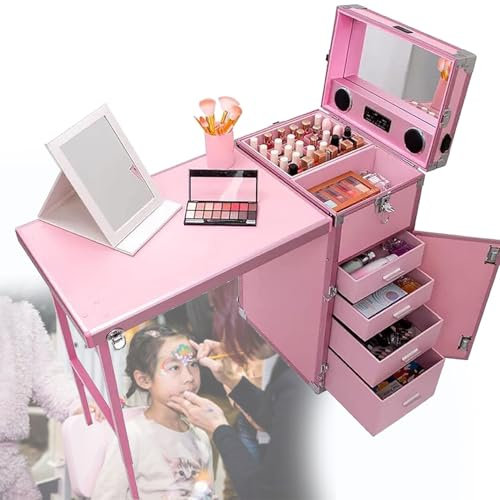 DPLWJPP Caja Tren Maquillaje con Carro Aluminio,Escritorio Manicura Móvil Portátil,Mesa Manicura con Ruedas,para Salón Maquillaje Organizador Almacenamiento Carro Cosmético Viaje,Pink