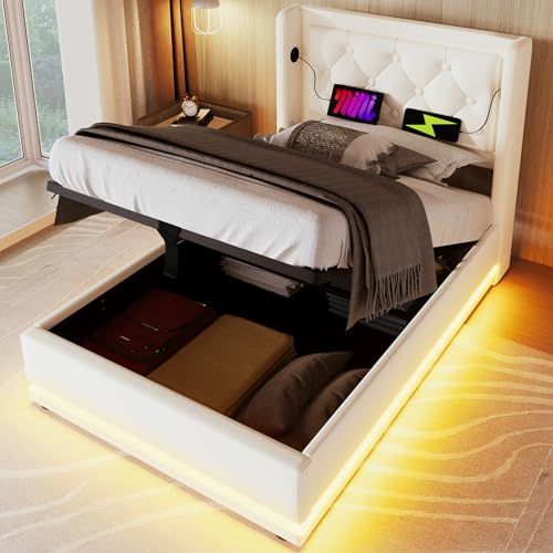 Merax Polsterbett 90x200cm, Einzelbett mit Stauraum und Lattenrost, LED Kopfteil mit USB C Ladefunktion, Hydraulisches Stauraumbett, Modern Funktionsbetten Bettgestell, Weiß-Kunstleder, Ohne Matratze