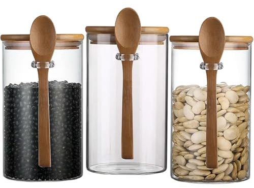 Hylruu Round Glass Storage Jars with Lids and Spoon 750ML Set of 3 - High Borosilicate Glass Airtight Kitchen Food Canisters Cylinder Clear Preserving Seal Containers