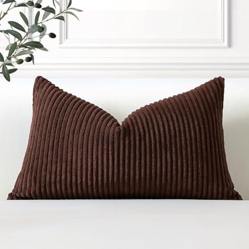 Artscope Cozy Striped Corduroy Cushion Cover 30x50cm Super Soft Decorative Oblong Throw Pillow Covers Case for Sofa Couch Bedroom Car Decor 12 x 20 Inches, Brown