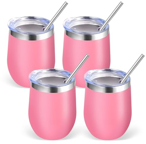 Volhoply 350 ml rostfritt stål vinglas med lock bulk 4-pack, 350 ml dubbelvägg vakuum stamlösa vinglas, metall rese kaffemugg med sugrör, isolerade koppgåvor för kvinnor, jul (rosa, 4 set)