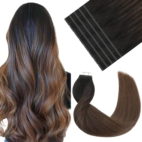 VINBAO Invisible Tape in Extensions Echthaar Natürliches Schwarz #1B mit #4 Dunkelbraun Haarverlängerung Echthaar Tape Glatt 35cm 50g 20pcs Tape in 14 Zoll #1BT4