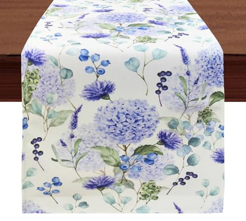 WELLYUK Runner da tavola con ortensia, 33 x 183 cm, motivo primaverile in iuta con fiori e bacche blu, decorazione estiva per cucina, tavolo da pranzo, lino viola, per casa, feste, festival