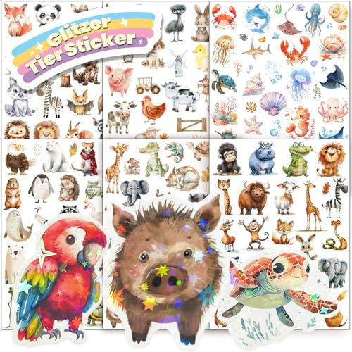 Tier Glitzer Sticker mit Glitzereffekt 6pcs Über 150 Motiv Glitzersticker Tiersticker Aufkleber Holografische Tiere Waldtiere für Kinder Mädchen Scrapbooking Fotoalbum Geschenke (Nicht Reflektierend)