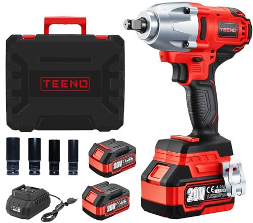 TEENO Chiave a impatto Brushless 1/2 600Nm 20V 2x4000mAh Batterie, Avvitatore a urto 4 boccole (17/19/21/22mm), per automobile e uso domestico